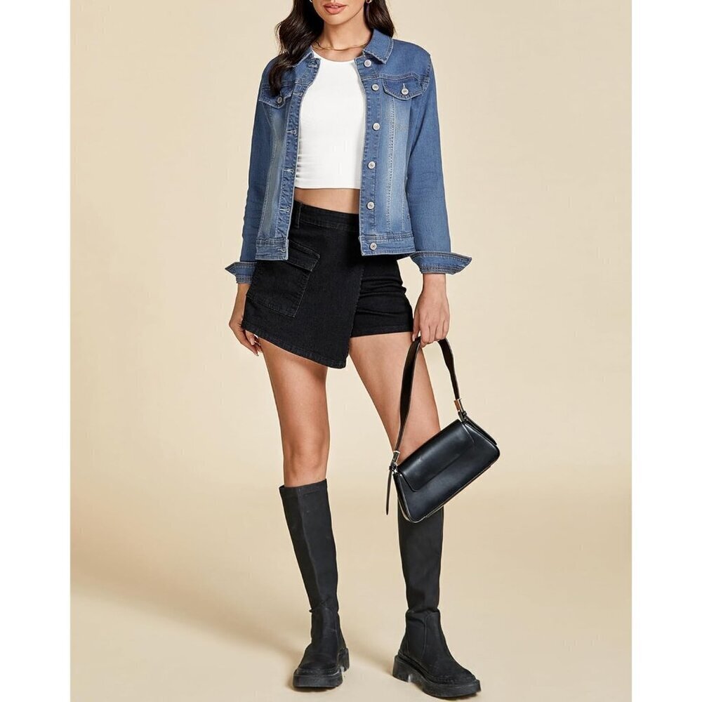 Women's Basic Long Sleeves Button Down Fitted Denim Jean Jacket Vintage Blue - Picture 6 of 9